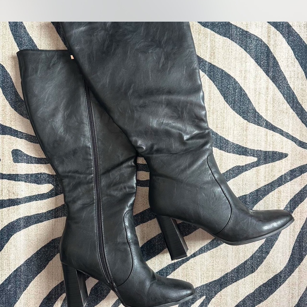 Journee Black Leather Knee-High Boots